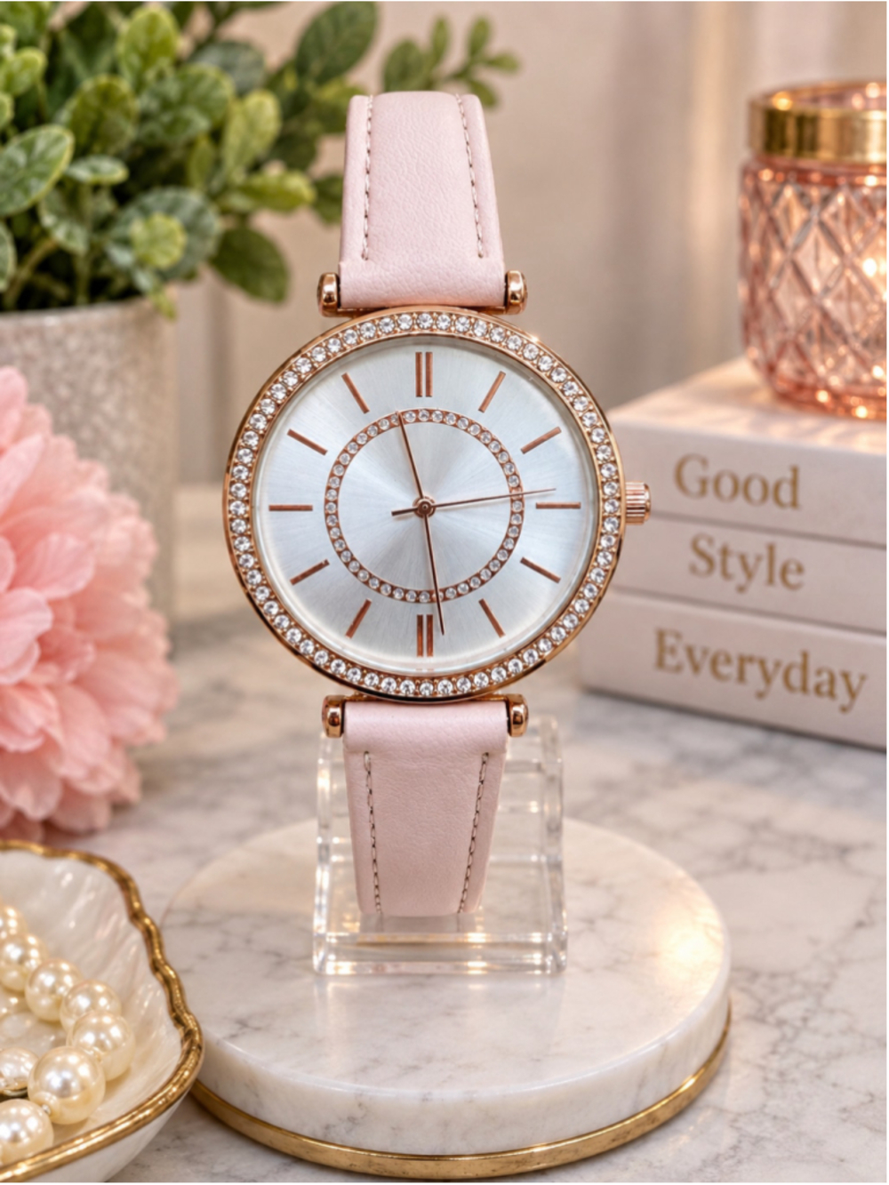 Women's Rose Gold Crystal Bezel Blush Pink Strap Analog Watch